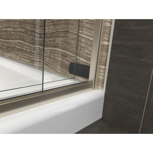 Levity 57-60 in. W x 74 in. H Frameless Sliding Shower Door in Bronze with Blade Handles and 3/8 in. Thick Clear Glass