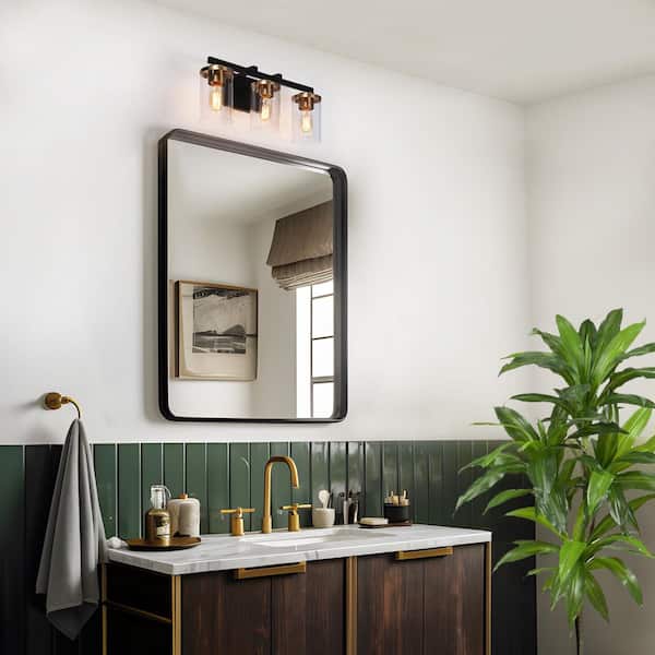 20 in. Modern 3-Light Black Vanity Light, Transitional Brass Gold Bathroom Wall Light with Clear Glass Shade, Bath Light