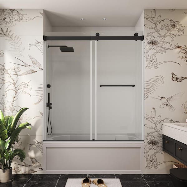 YINVANI 60 in. W x 66 in. H Double Sliding Frameless Bypass Bath Tub Door in Matte Black with Easy-Clean 3/8 in. Clear Glass