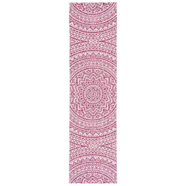 SAFAVIEH Courtyard Ivory/Fuchsia 2 ft. x 8 ft. Runner Medallion Indoor/Outdoor Area Rug