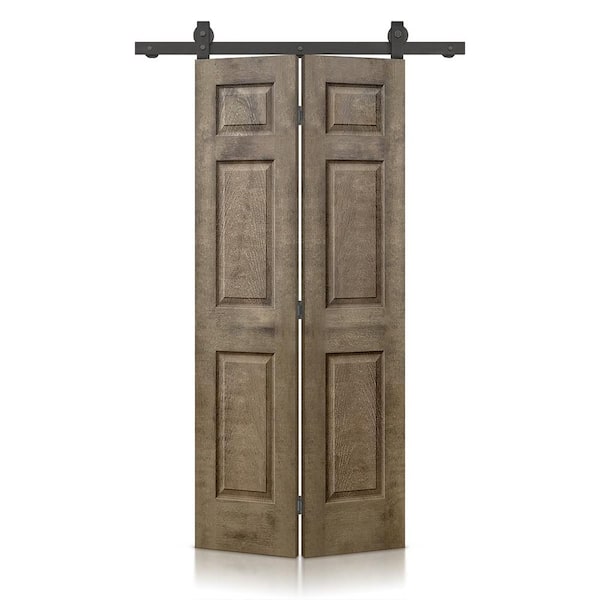 CALHOME 30 in. x 84 in. Vintage Brown Stain 6-Panel MDF Hollow Core Composite Bi-Fold Barn Door with Sliding Hardware Kit
