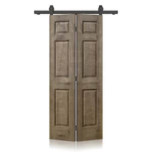 36 in. x 84 in. Hollow Core Vintage Brown Stain 6 Panel MDF Composite Bi-Fold Barn Door with Sliding Hardware Kit