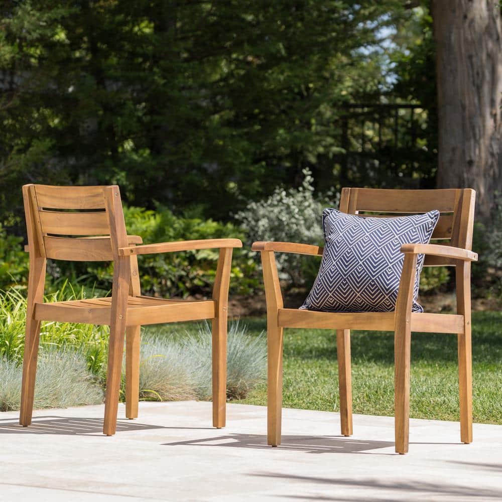 Teak Brown Wood Slatted Outdoor Dining Armchair Set
