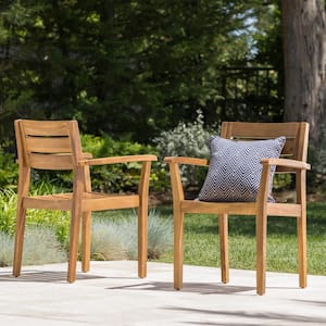 Teak Brown Slatted Wood Outdoor Dining Chair (2-Pack)