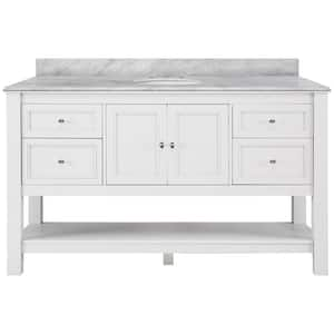 Gazette 61 in. W x 22 in. D x 35 in. H Single Sink Freestanding Bath Vanity in White w/ Carrara Marble Top w/ White Sink