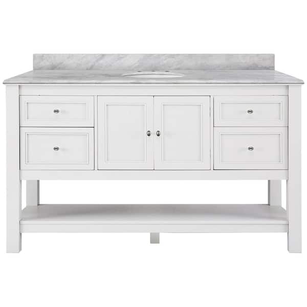 Home Decorators Collection Gazette 61 in. W x 22 in. D x 35 in. H Single Sink Freestanding Bath Vanity in White w/ Carrara Marble Top w/ White Sink