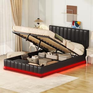Black Wood Frame Full Size PU Leather Upholstered Platform Bed with Hydraulic Storage System, LED Lights, USB Charging