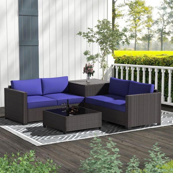 Outdoor Conversation Set with Large Coner Storage Box Blue Cushions