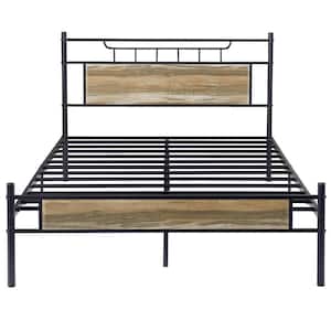 Industrial Bed Frame, Gray Metal Frame Full Platform Bed with Wood Headboard and Footboard, Under Bed Storage