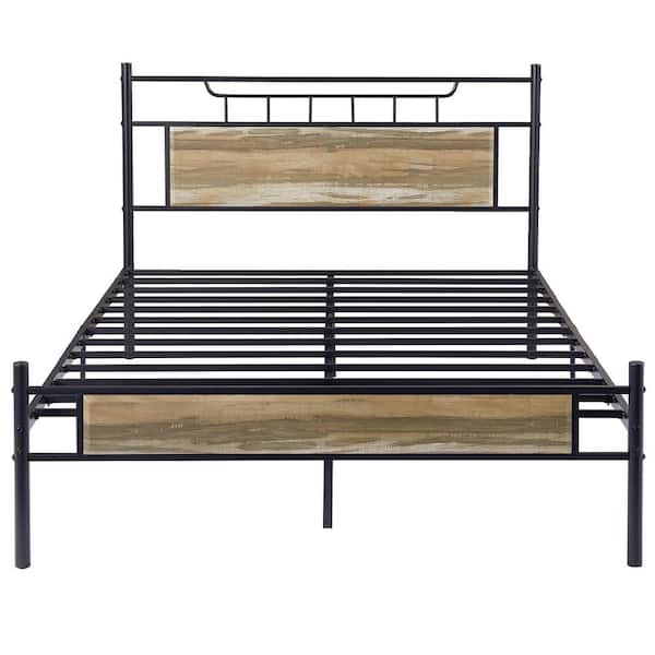 VECELO Industrial Bed Frame, Gray Metal Frame Full Platform Bed with Wood Headboard and Footboard, Under Bed Storage