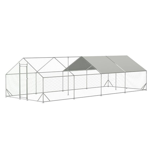 10 ft. x 26 ft. x 6.56 ft. Outdoor Silver Metal Walk-in Chicken Pen Waterproof Poultry Fencing with UV Protection Cover