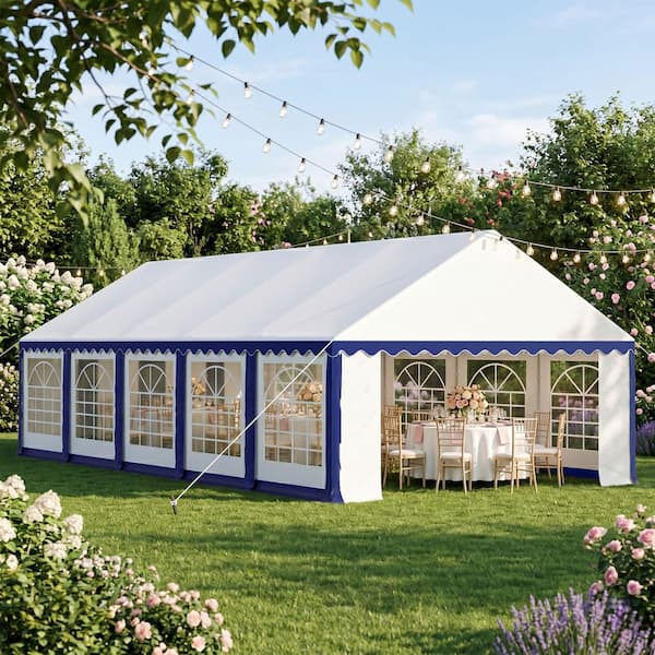 16 ft. x 32 ft. Large Outdoor Canopy Wedding Party Tent in White with Blue Stripes Removable Side Walls