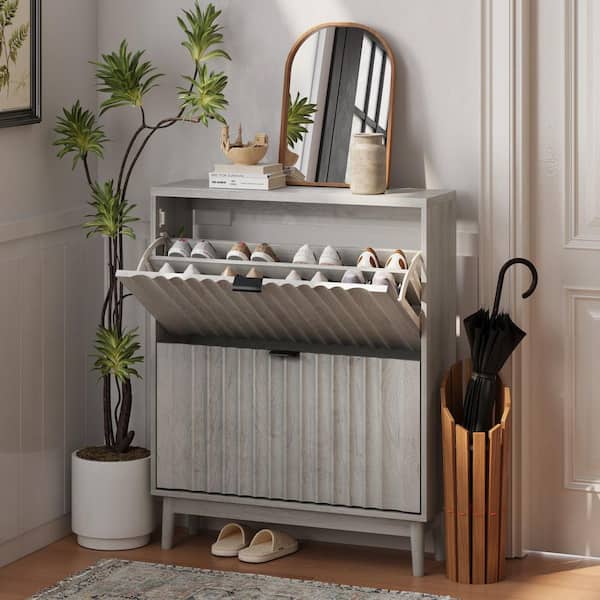 38.97 in. H x 31.50 in. W Grey Particle Board Shoe Storage Cabinet with 2 Flip Drawers-Fluted Shoe Storage Cabinet