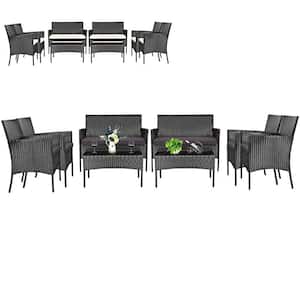 8-Pieces Outdoor Furniture Set Patio Rattan Conversation Set with Grey and Off White Cushion