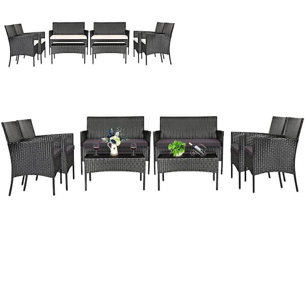 Gymax 8-Pieces Outdoor Furniture Set Patio Rattan Conversation Set with Grey and Off White Cushion