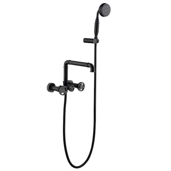 Dual Knob Handle Wall Mount Roman Tub Faucet with Hand Shower in Matte Black