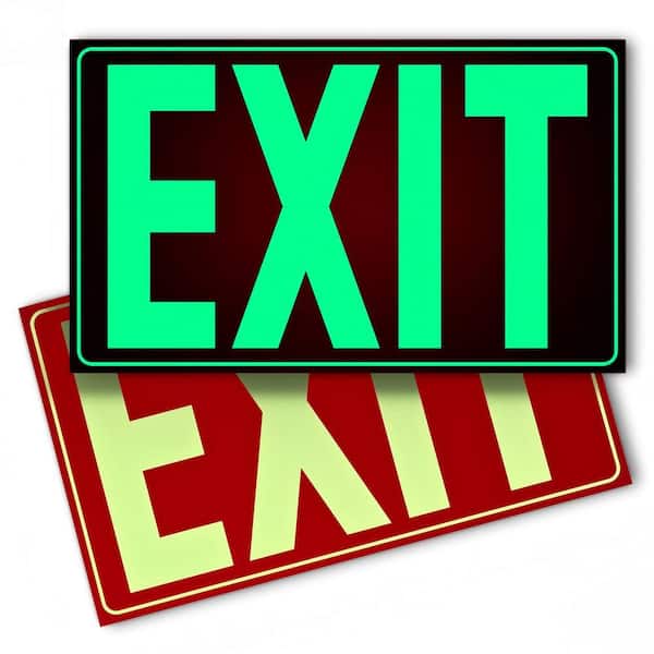Glow in The Dark Photoluminescent Red Exit Sign with Adheisve Backing for Business, UV Glossy Protection, 2-Pack