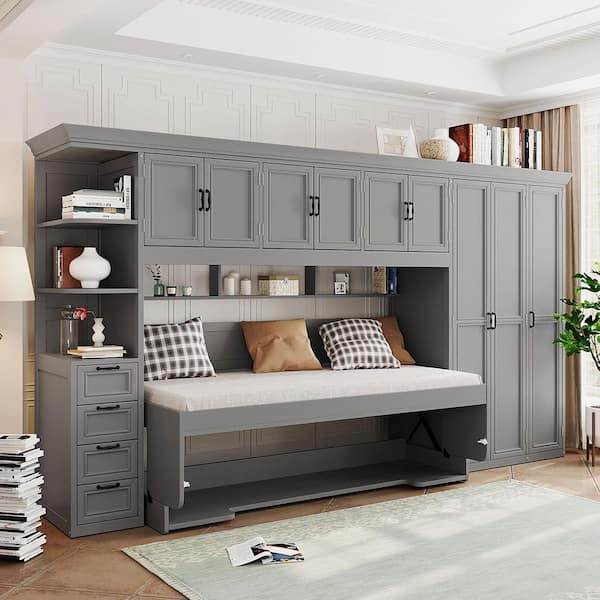 Rumba Gray Wood Frame Twin Size Murphy Bed with Wardrobe, Cabinet and Desk