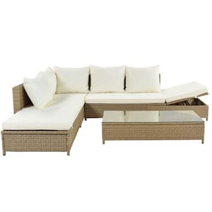 3-Piece Wicker Patio Outdoor Sectional Sofa Chaise Lounge with Beige Cushion Table