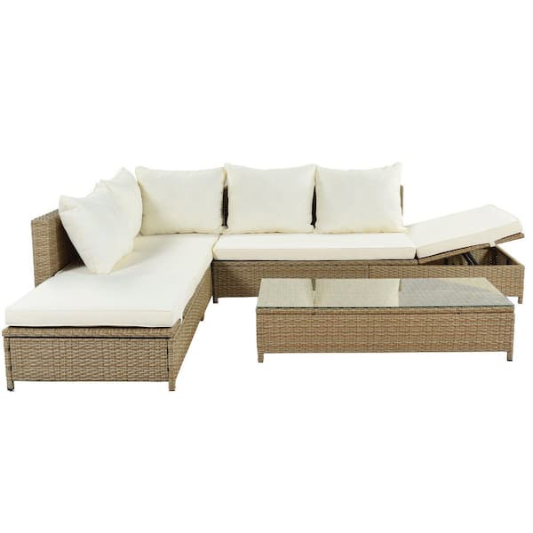 Tunearary 3-Piece Wicker Patio Outdoor Sectional Sofa Chaise Lounge with Beige Cushion Table