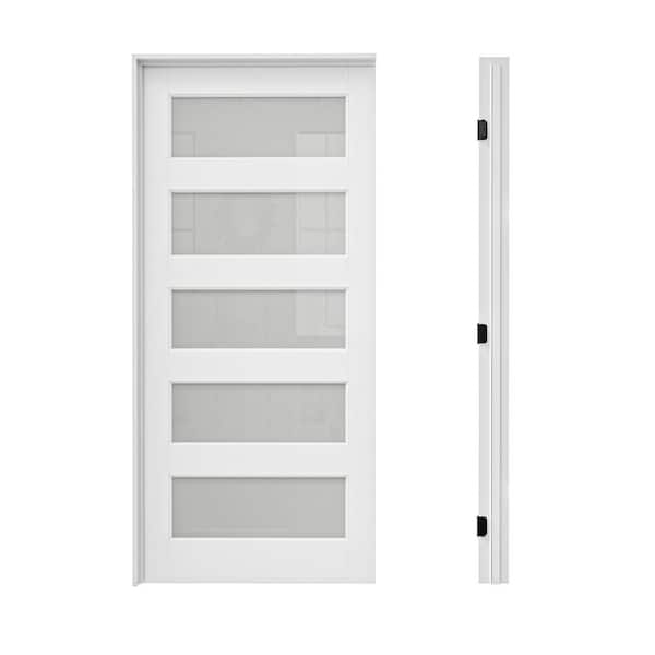 36 in. x 80 in. 5-Lite Frosted Glass Right Hand White Solid Core Glass Single Prehung Interior Door+ Quick Assemble Jamb