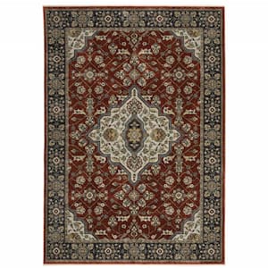 Blue and Red 3 ft. x 5 ft. Oriental Power Loom Fringe with Area Rug