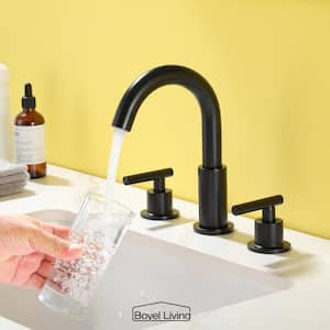 8 in. Widespread 2-Handle Mid-Arc Bathroom Faucet with Valve and cUPC Water Supply Lines in Matte Black