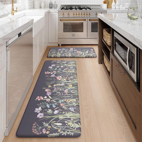 Dark Grey/Purple 17 in. x 47 in. +17 in. x29 in. Floral Indoor Kitchen Rugs Sets of 2