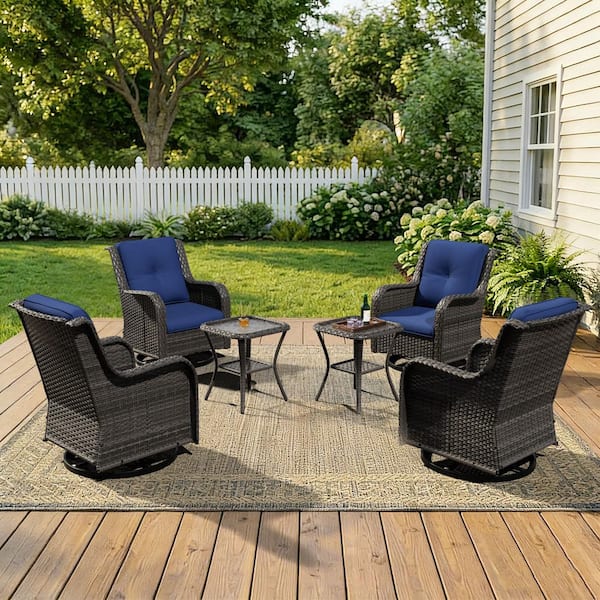 6-Piece Wicker Outdoor Rocking Chair All-Weather Patio Swivel Chair Set with Blue Cushions