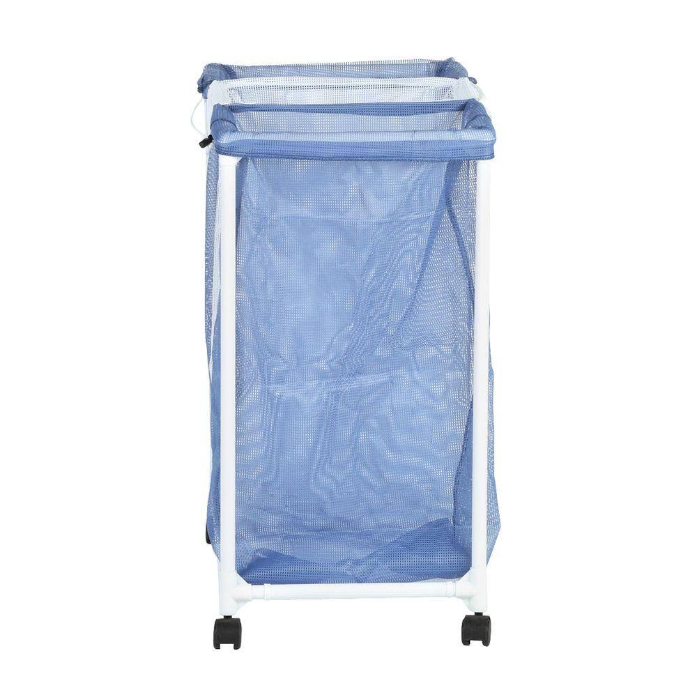 Blue and White 3-Bin Mesh Laundry Sorter with Wheels