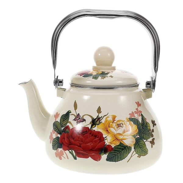 Enamel Flowered Tea Kettle Ceramic Handle Whistling Stovetop Vintage Induction Compatible with Removable Strainer