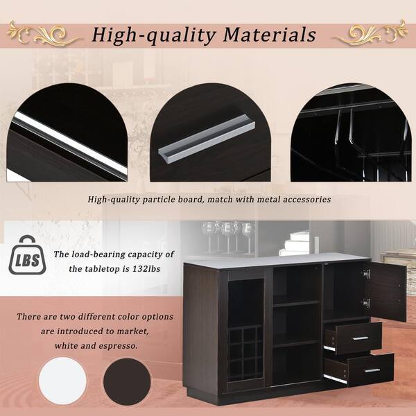 47 in. W x 16 in. D x 33.3 in. H Espresso Particle Board Ready to Assemble 16 Bar Wine Compartment Kitchen Sideboard