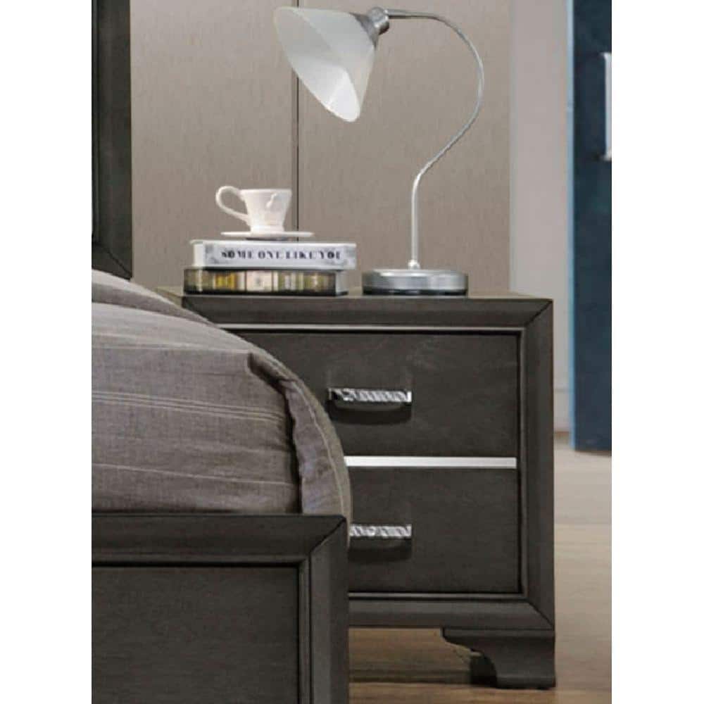 1Piece Weathered Grey Transitional Nightstand with 2Drawers Metal Handle Wo