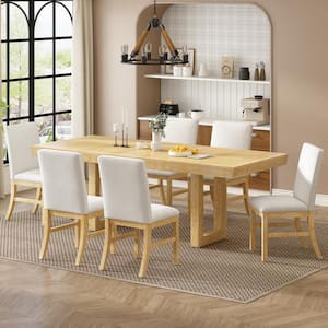 Walnut 7-Piece Extendable Wood Top Dining Set with 12" Self-Hidden Butterfly Leaf, 6 Beige Velvet Upholstered Chairs