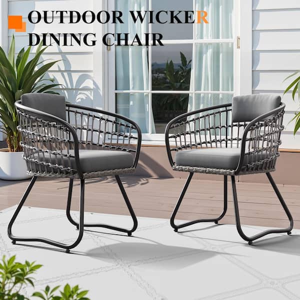 PE Rattan Wicker Dining Chairs with Cushions and Backrest Pillows 2-Piece Outdoor Rattan Chairs with Metal Frame in Gray