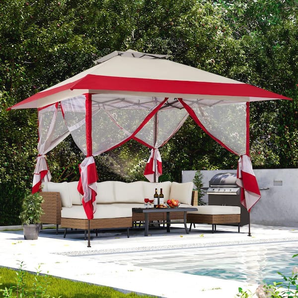 JEAREY 13 x 13 ft. Pop Up Gazebo with Netting Outdoor Patio Portable Canopy in Red