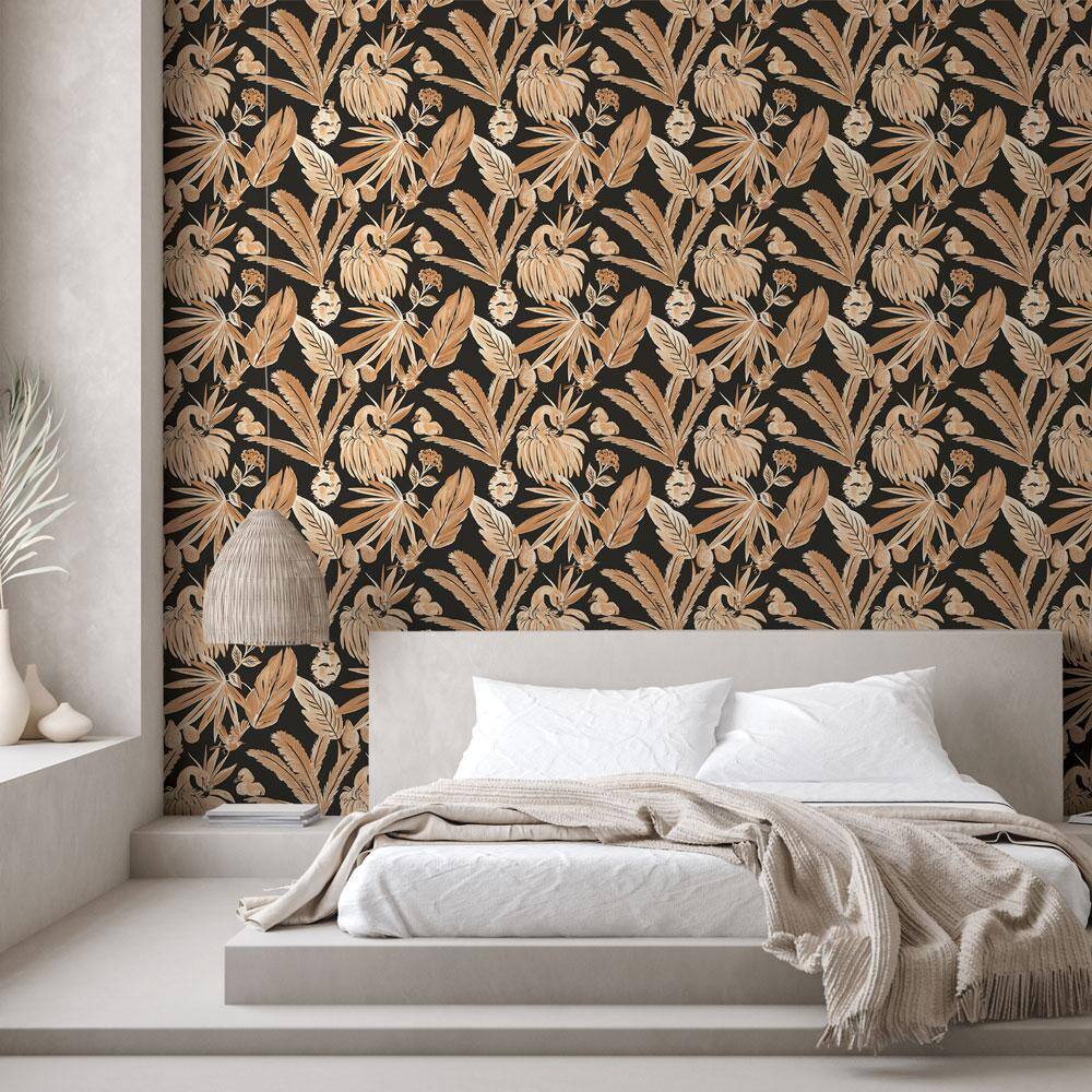 Black and Beige Tropical Flamingo Peel and Stick Wallpaper Roll