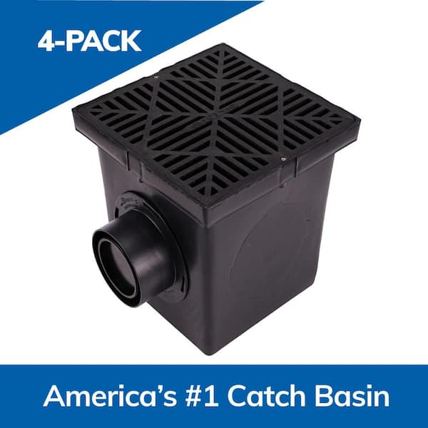 NDS 12 in. Square Catch Basin Drain Kit 2-Opening Basin, Black Plastic Grate, 2 Outlet Adapters and 1 Outlet Plug (4-Pack)