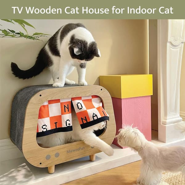 Small Grey MDF Classic Wooden TV-Shaped Cat Bed Cat House with Red Cushion  CATBED-GRAY2 The Home Depot