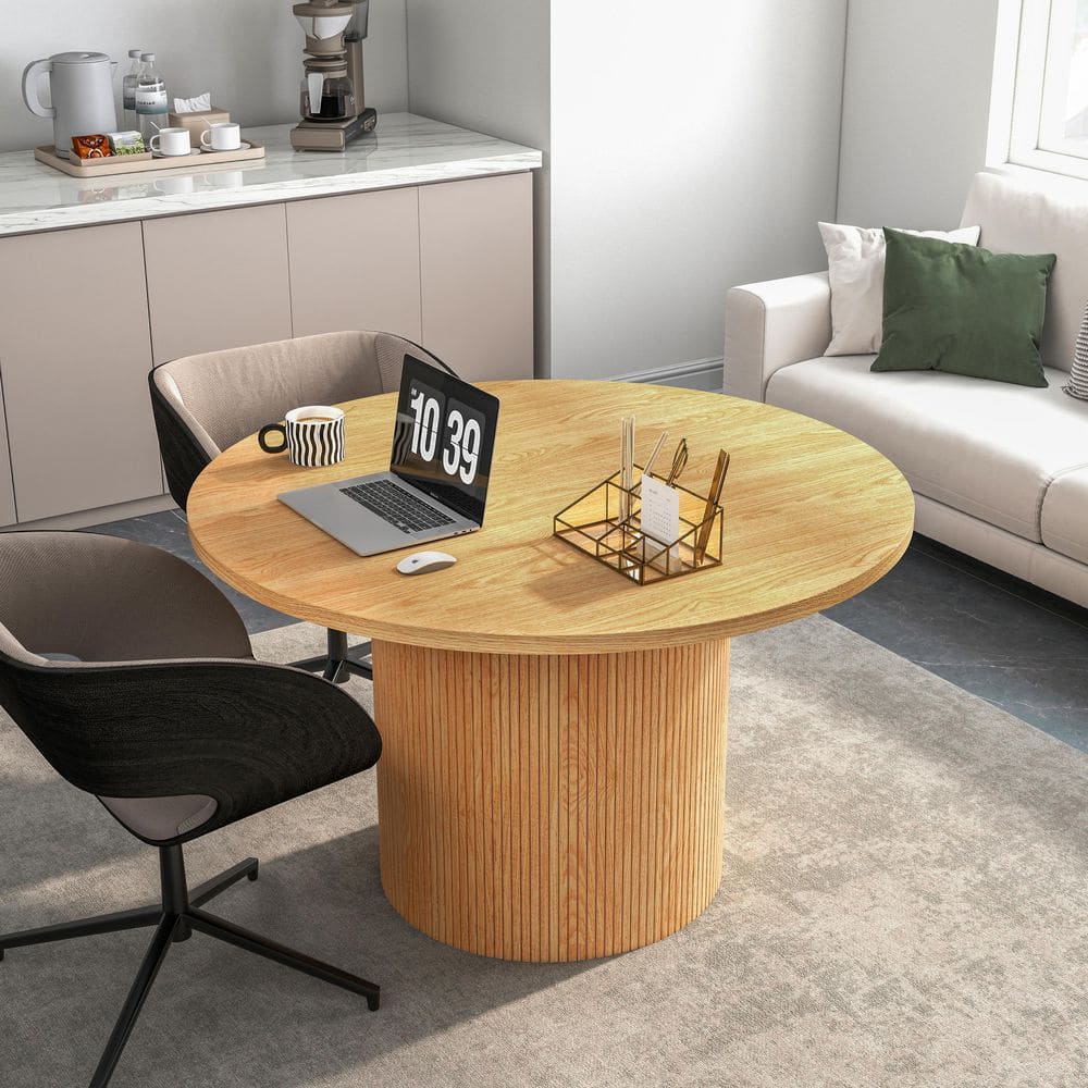 Modern Farmhouse Brown Wooden Wall Clock and Solid Wood Round Dining Table with Pedestal Base