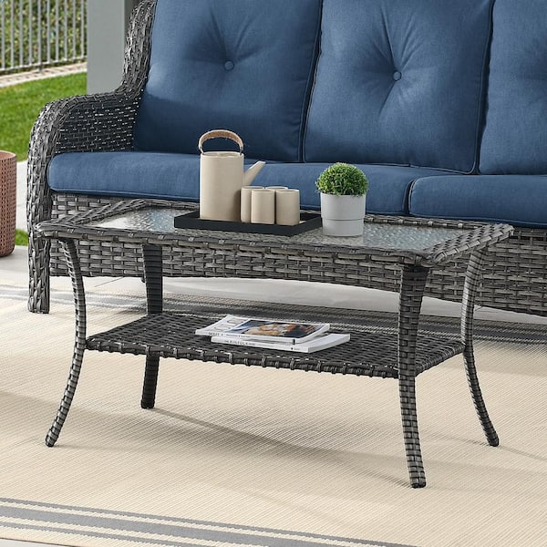 Gray Rectangle Wicker Outdoor Glass Side Table