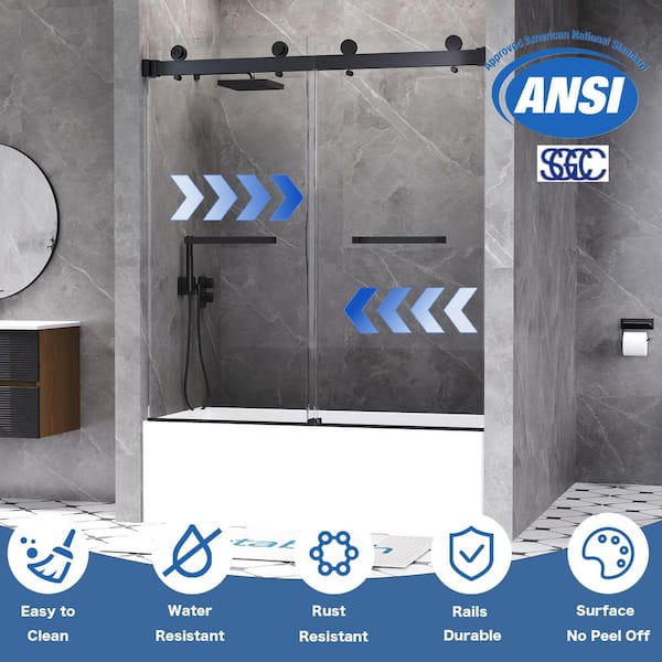 56 to 60 in. W x 66 in. H Double Sliding Frameless Tub Door in Matte Black with 5/16 in. Tempered Clear Glass