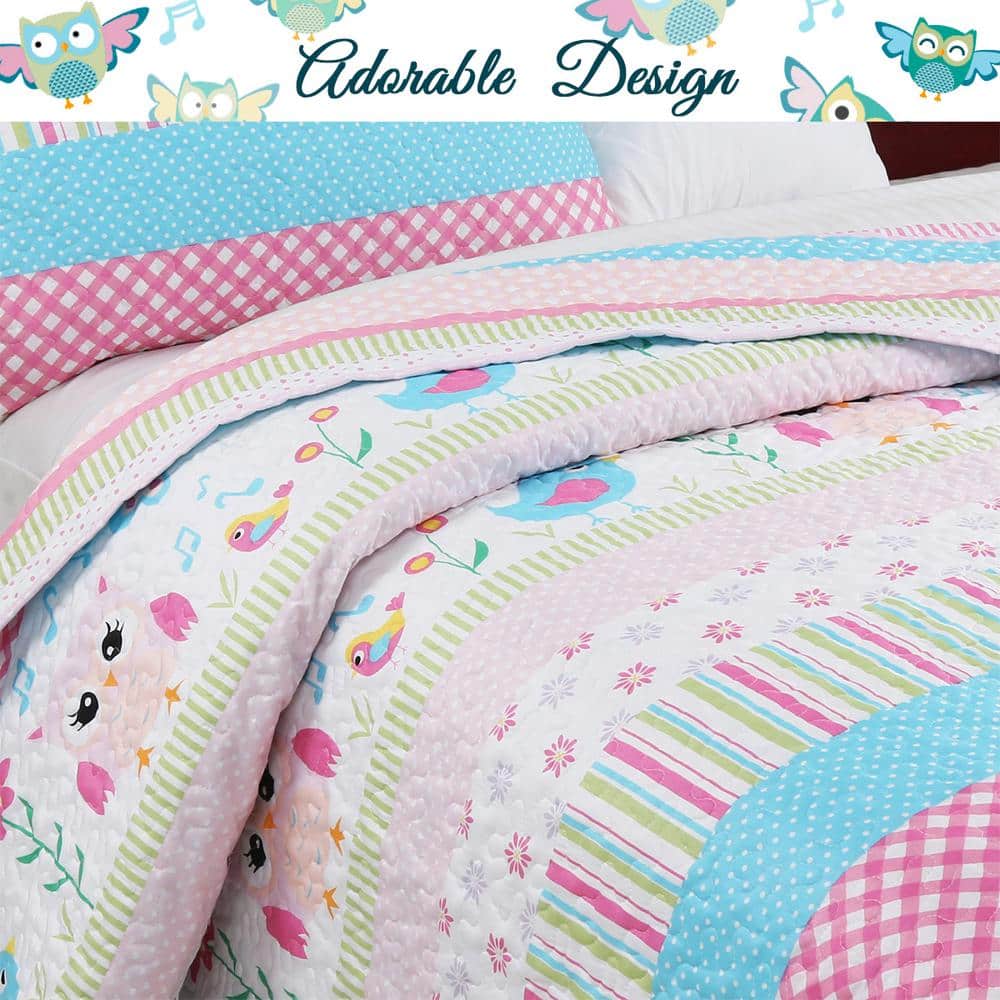 Pink and White Owl Patchwork Twin Microfiber Quilt Set