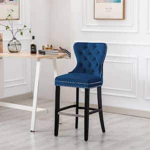 Harper 29 in. High Back Nail Head Trim Button Tufted Royal Blue Velvet Bar Stool with Solid Wood Frame in Black