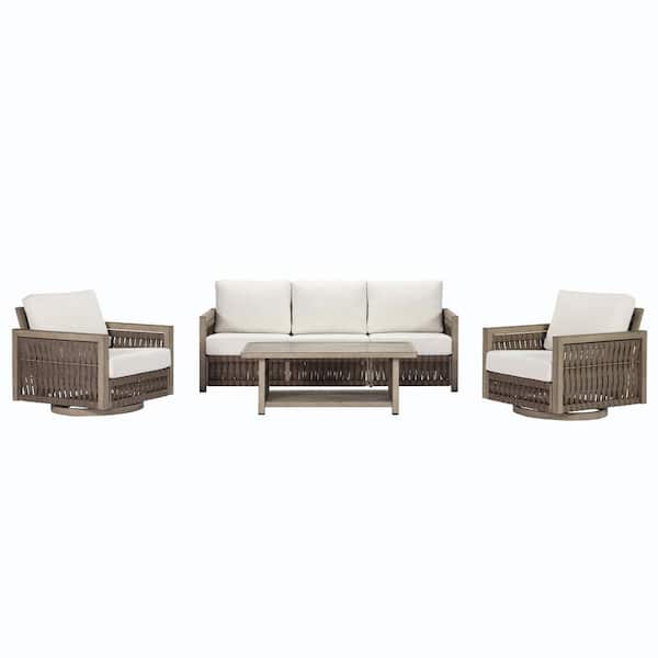 Brown 4-piece Woven Rope Alluminum Patio Conversation Swivel Sofa Set with Rectangular Coffee Table and Cream Cushions