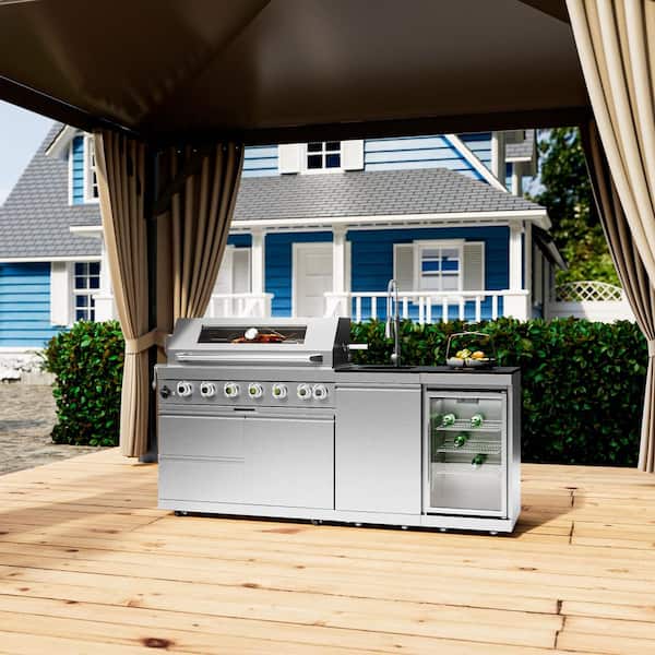 Deluxe 6-Burner Propane Gas Grill Island Outdoor Kitchen with Rotisserie kit Refrigerator Sink in Stainless Steel