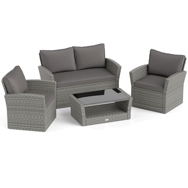 Costway 4-Piece Wicker Patio Conversation Furniture Set with 2 Rattan Chairs Loveseat Coffee Table Gray Cushions