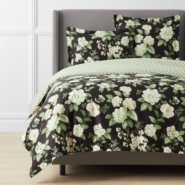 The Company Store Legends Hotel Black Multi Blooming Flowers King Wrinkle-Free Sateen Duvet Cover
