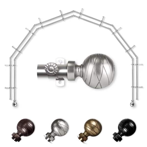 EMOH 13/16" Dia Adjustable 6-Sided Double Bay Window Curtain Rod 28 to 48" (each side) with Yesenia Finials in Satin Nickel