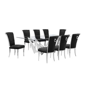 Meryl 9-Piece Rectangular Glass Top Stainless Steel Base Dining Set 8 Black Velvet Chrome Iron Legs Chairs